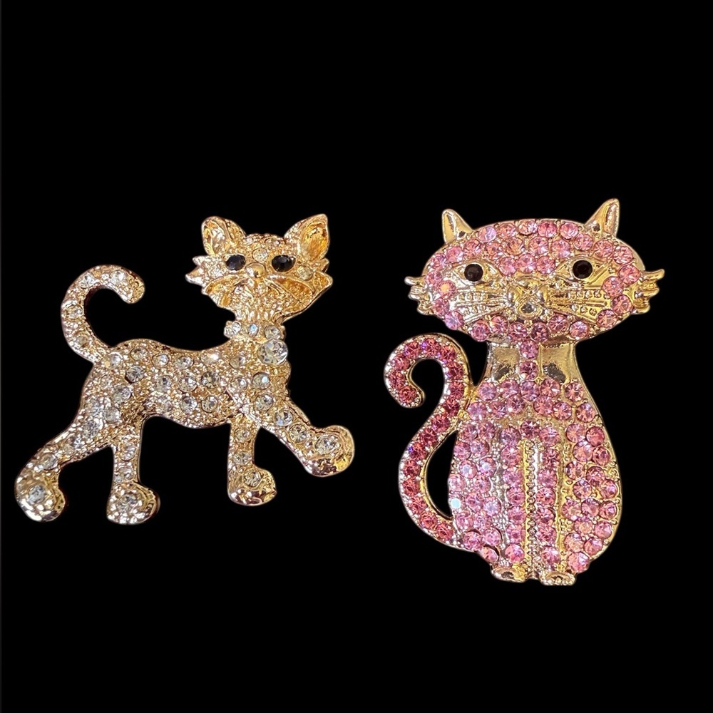 Vintage Rhinestone Cat Brooches. Set of 2